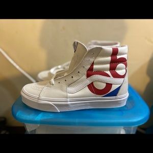 white vans colored letters on side